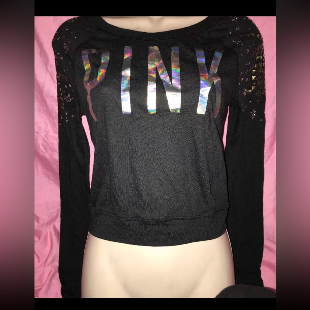 Victoria's Secret studded black iridescent holographic long sleeve shirt XS